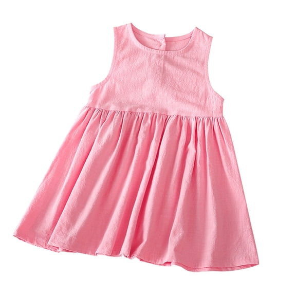 Plebaso Girls Dresses Spring Summer Sleeveless Solid Color Cotton Linen Dress Baby Clothes