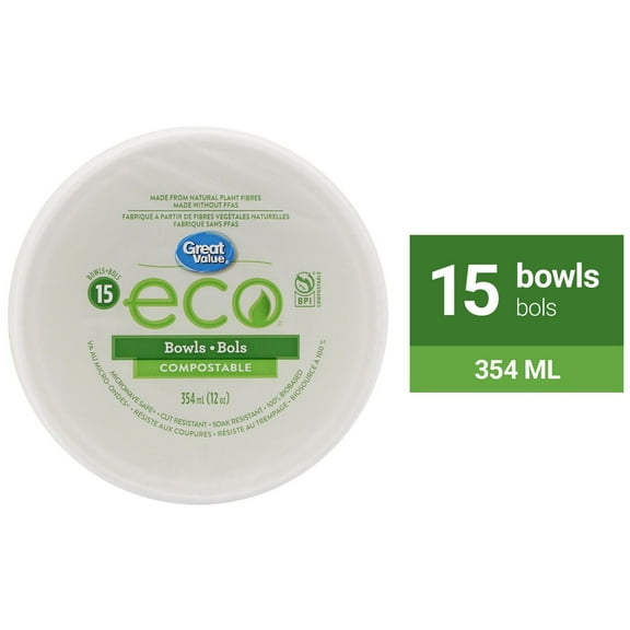 Great Value Eco Bols Compostables, 15 Bols