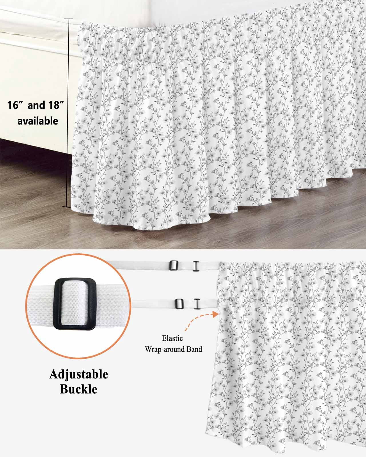 Grey Spring Floral Wrap Around Bed Skirts for California King Bed 16" Drop,Bed Skirt with Adjustable Elastic Belt Dust Ruffle Bed Valance Elegant Watercolor Summer Botanical Bed Frame Cover