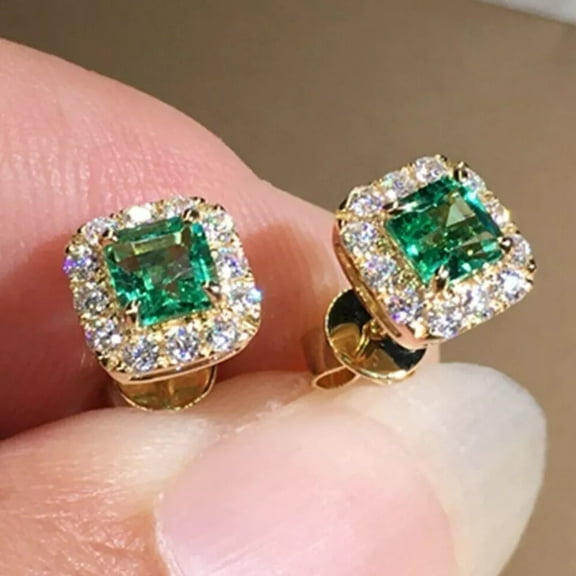 Attractive Halo 2CT Asshcer Cut Lab-Created Green Emerald Gemstone Stud Earrings 14K Yellow Gold Plated 925 Silver