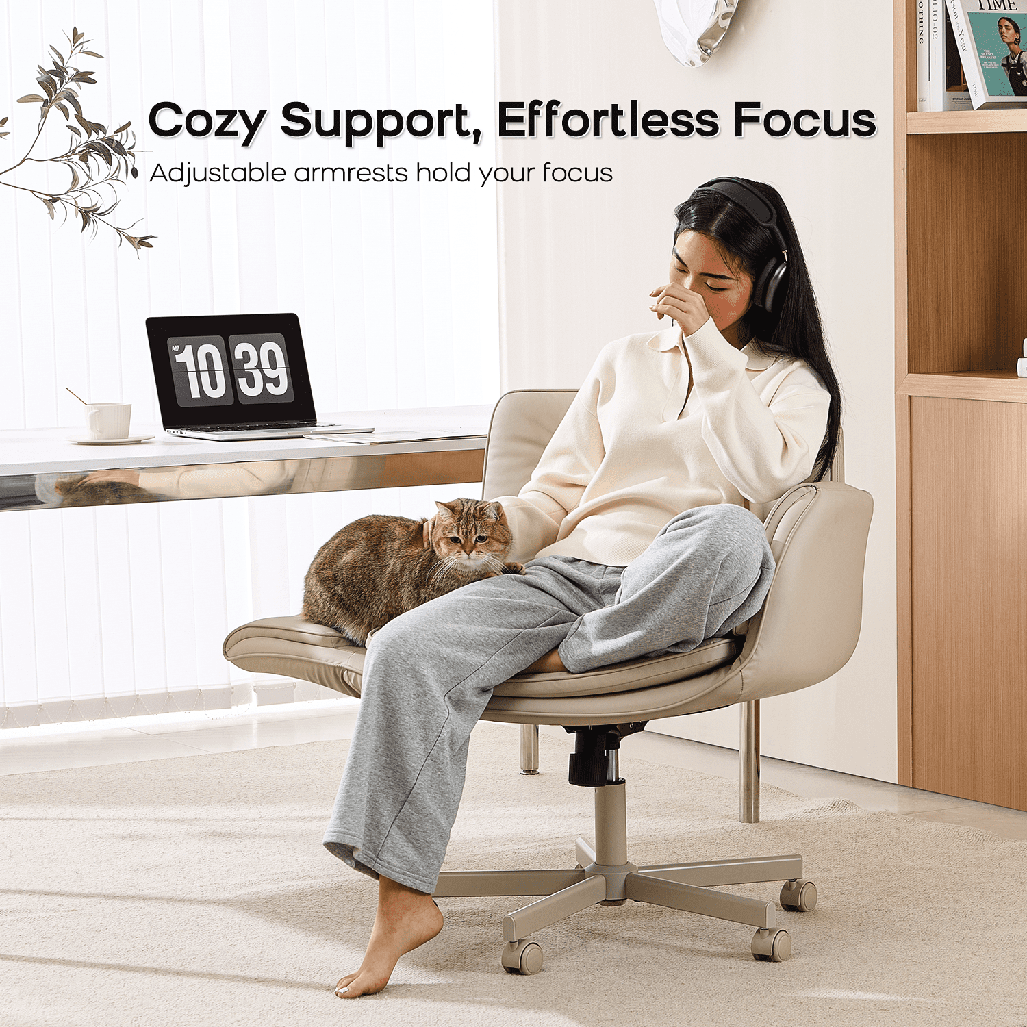 TMV Vanity Chair Oversized, Criss Cross Design Office Desk Chair - Big & Tall Computer Chair with Foldable Arms, Swivel and Wheels,Cream