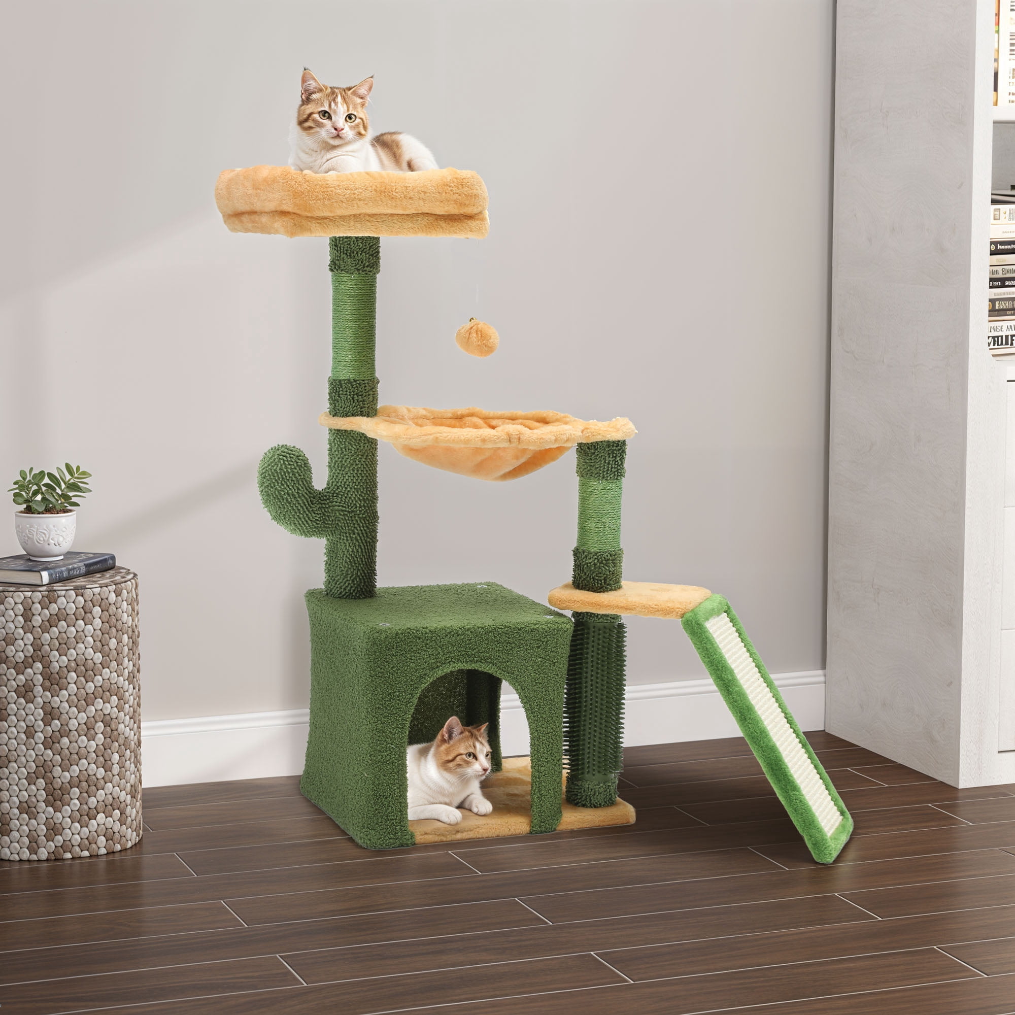 Uforic 37" Cactus Cat Tree Tower with Sisal Scratching Posts, Cat Climbing Tower for Indoor Cats with Cat Condo & Hammock,  Green&Yellow
