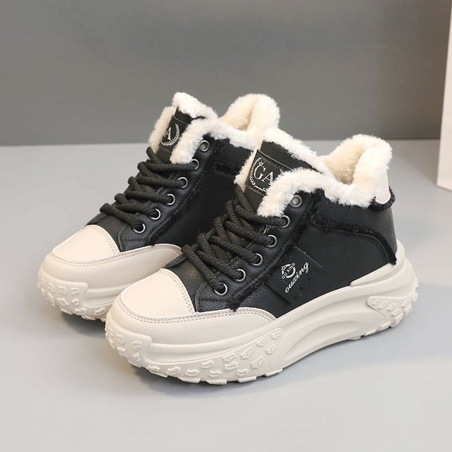 Zapatos de estudiante de moda de caña media en color blanco, botas de nieve altas con suela gruesa y red roja