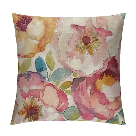 PHYHOO Spring Summer Flower Decorative Throw Pillow Covers, Pink Rose Floral Wreath Porch Outdoor Home Decor, Plaid Farmhouse Couch Cushion Case White