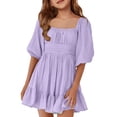 thumbnail image 2 of CCRFTGI Summer Dresses for Kids Girls Size 10-12 Casual Cute Dress Tie Backless Square Neck Ruffle Birthday A-Line Mini Dress Purple 5-6 Years, 2 of 5