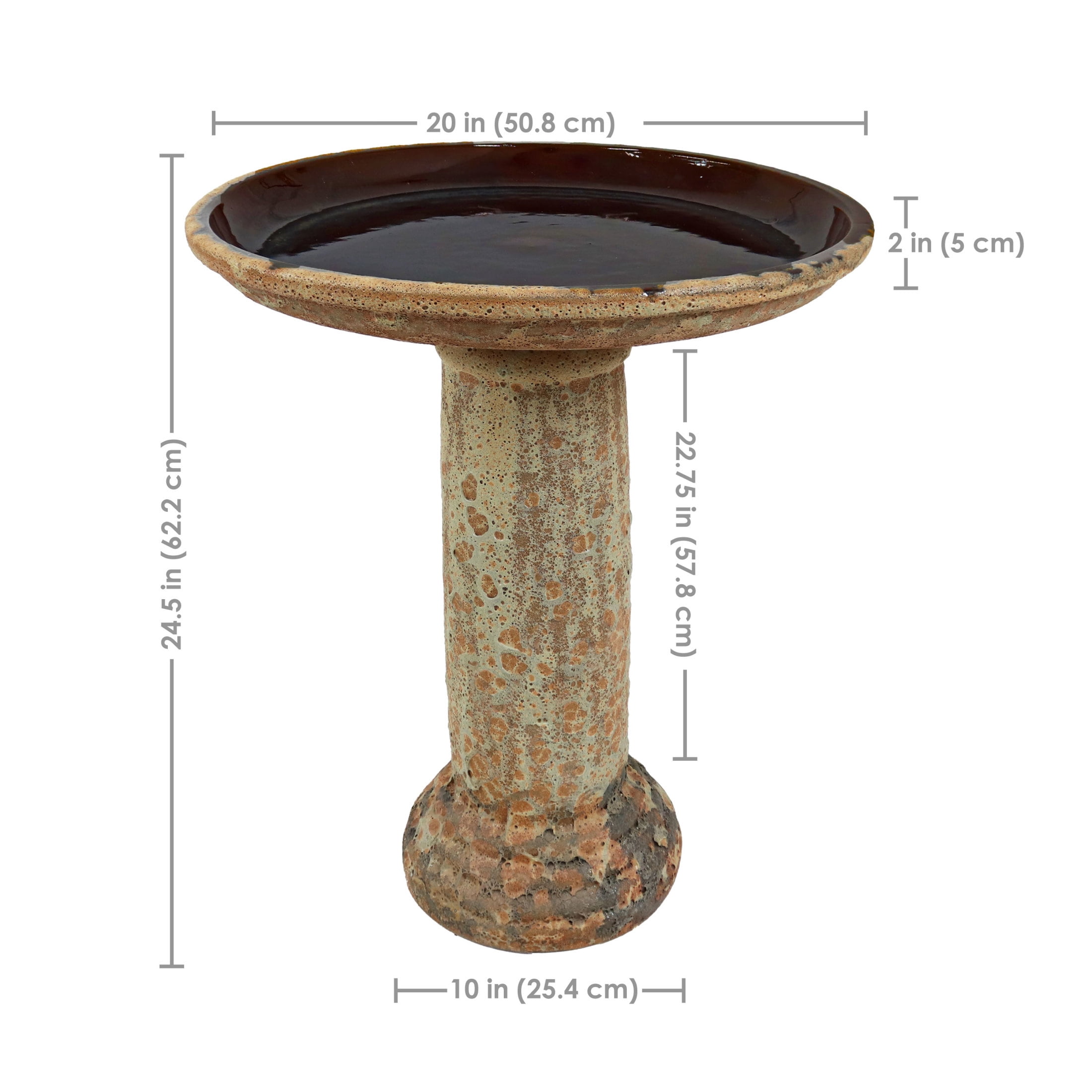 Sunnydaze Toulon Freestanding Ceramic Outdoor Bird Bath, UV-Resistant Brown Lava Finish