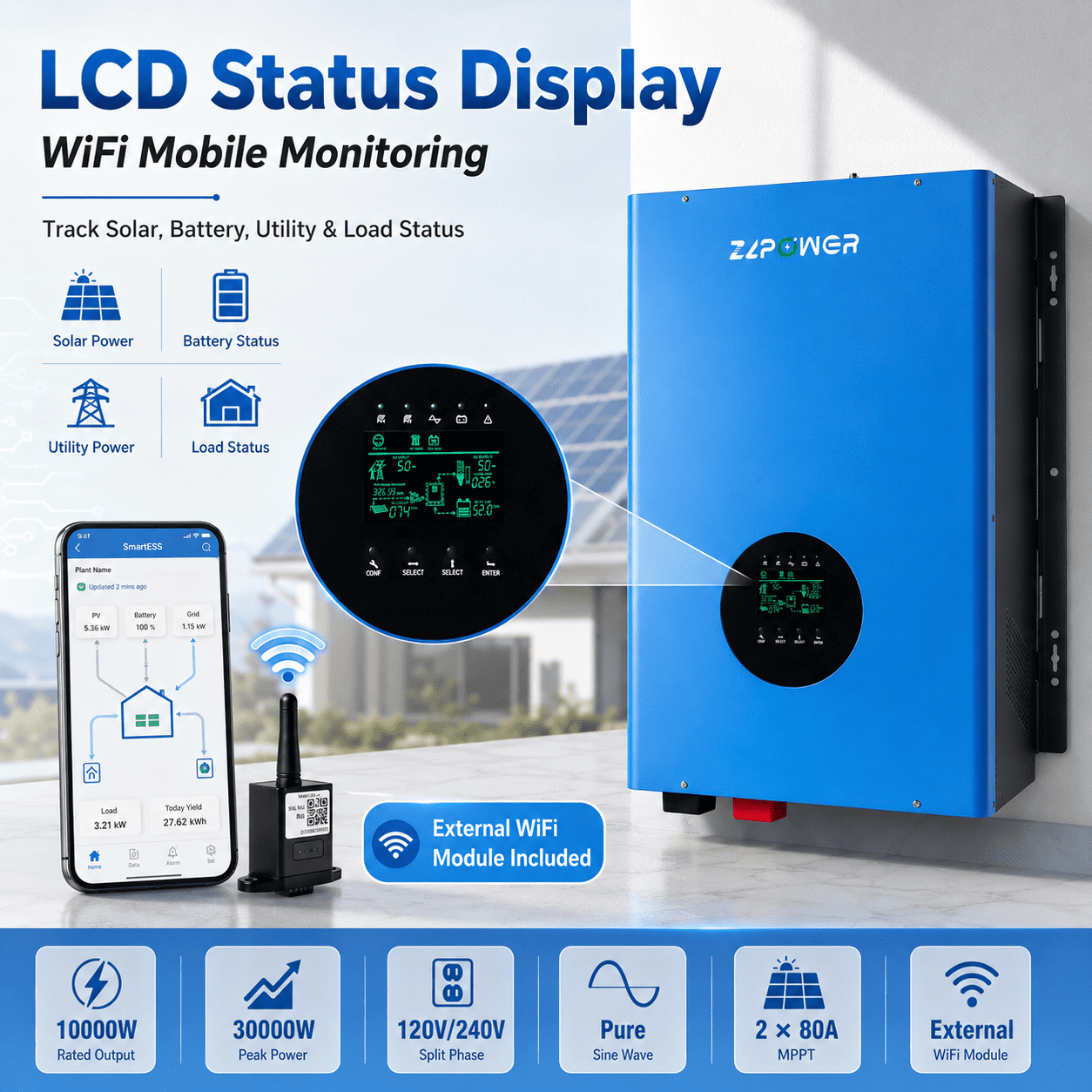 ZLPOWER 10KW Solar Inverter Charger , 48V DC to 120V/240V Split Phase , 30000W Peak Pure Sine Wave , UL1741 & ETL Certified | Built-in Dual 80A MPPT , WiFi Monitoring , Off-Grid Home Backup