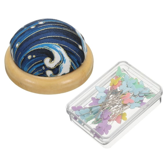Uxcell Pin Cushion Wooden Base with 50 Pieces Sewing Pins Set for Quilting and Crafts Wave Blue