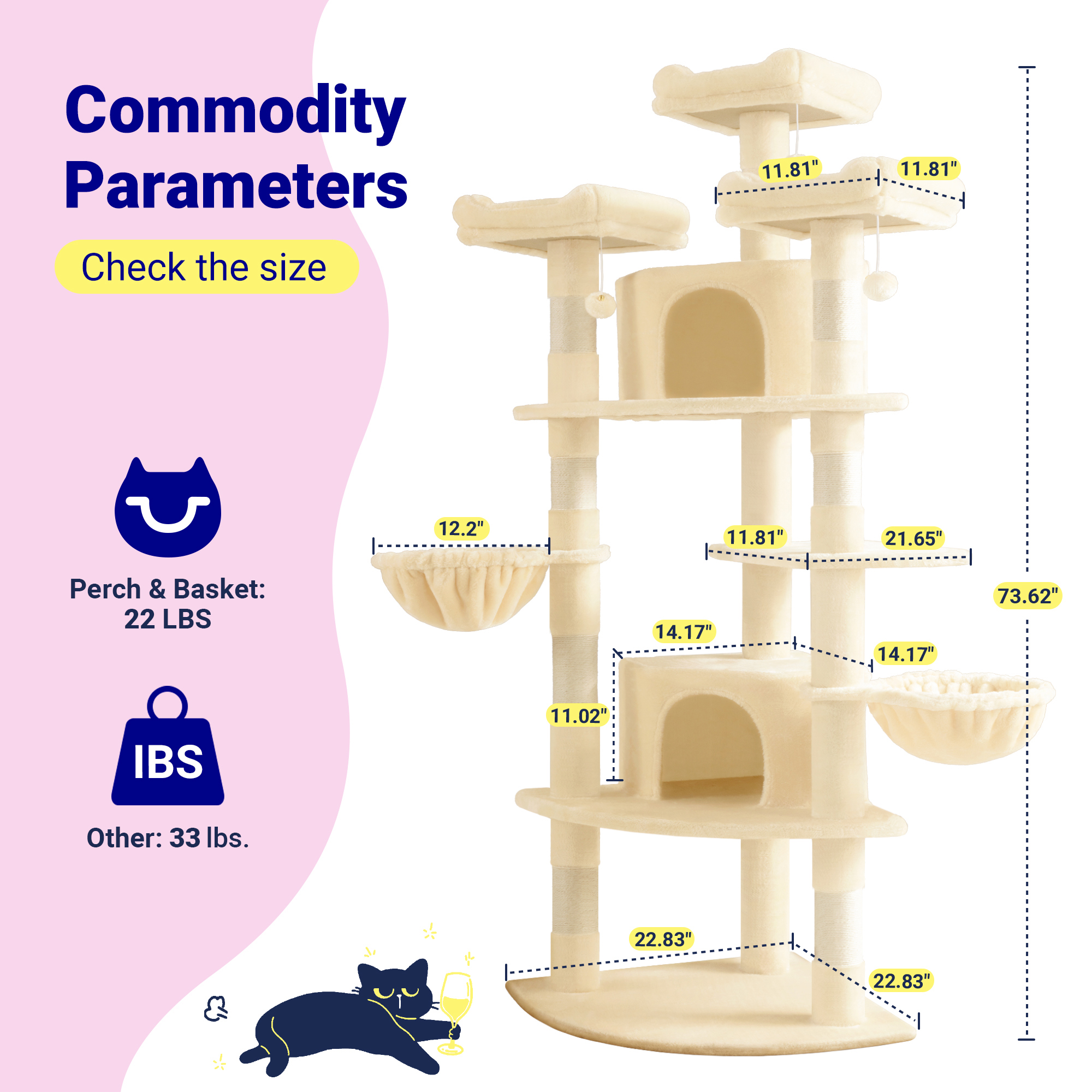 Allewie 73in Fan-Shaped Space-Saving Corner Cat Tower, Multi-Level Tall Cat Tree for Indoor Kitties, Cozy Baskets, Condos, House, Perches, Sisal Scratching Posts, Beige