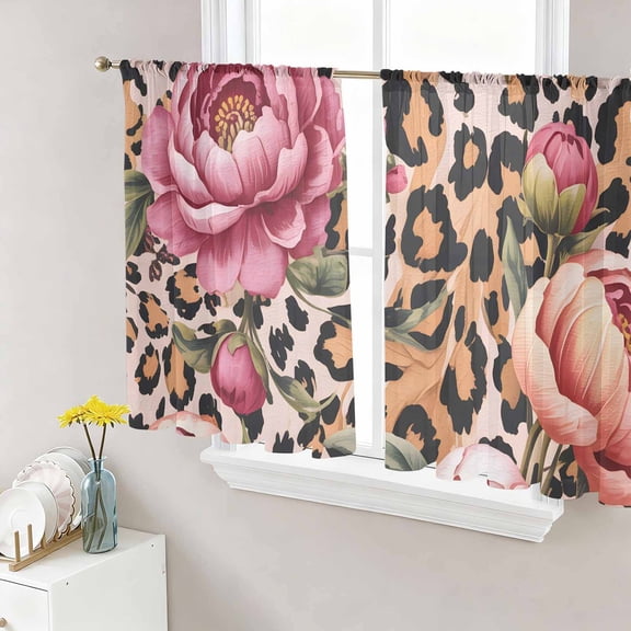 Pink Flowers Sheer Curtains 54 Inch Length 2 Panels Set Window Treatments, Leopard Spot Vintage Floral Country Plants Rod Pocket Semi Curtains for Living Room/Bedroom/Kitchen Décor, 104"W x 54"L