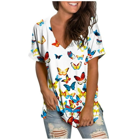 

White Blouse for Women Womens V Neck T Shirts Summer Tops Short Sleeve Floral Tshirt Casual Side Split Tunic Tops Blouses for Women Dressy Casual White L