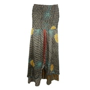 Mogul Beach Dress Vintage Silk Sari Grey Printed Two Layered Maxi Skirt