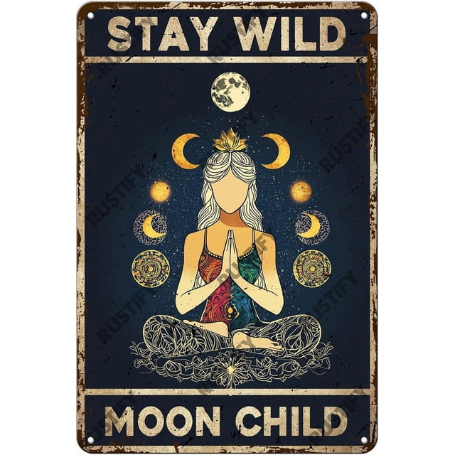 Funny Sign Stay Wild Moon Child Metal Tin Sign Wall Decor for Kitchen Outdoor Yard Window Fence 12×8 Inch