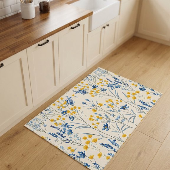 2x3ft Rectangle Rug,Yellow Blue Flowers Washable Area Rugs Non-Slip Accent Rug Country Floral on Linen Soft Circle Carpet for Living Room Bedroom Home Office Decor
