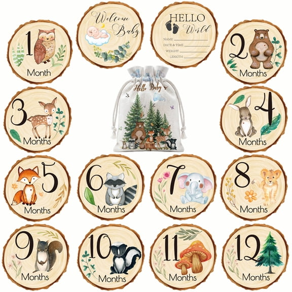 Uflashmi Woodland Baby Milestone Wooden Signs, Double Sided, 7Pcs
