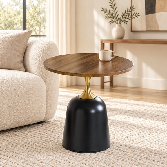 Hi loPres 23.6 in Round Side Table, Modern Walnut End Table with Weighted Black Base and Gold Pedestal for Living Room or Office