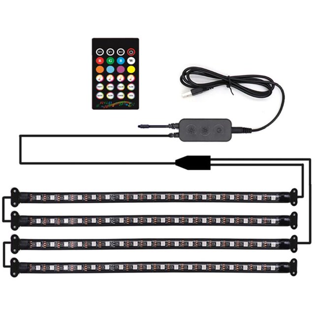 Tira de luces LED para coche de 72 LED, lámpara de control remoto con aplicación Bluetooth, múltiples modos de bricolaje, luces decorativas debajo del tablero, USB