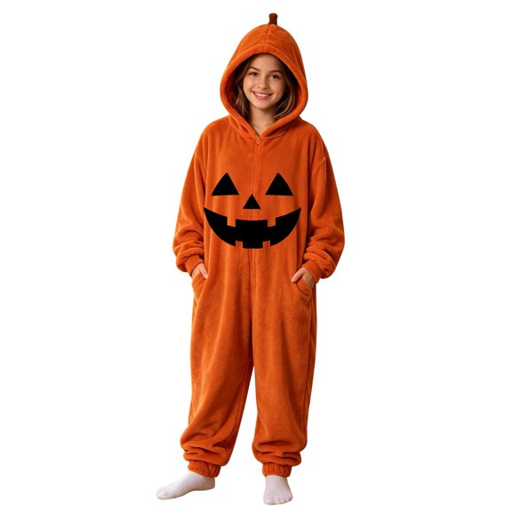 LNMQLPDBS Girls Halloween Pumpkin Onesie Hooded Loungewear Soft Fleece Zip Up Jumpsuit Cozy Pocketed Playsuit for Toddler Kids Holiday Party Daily Wear