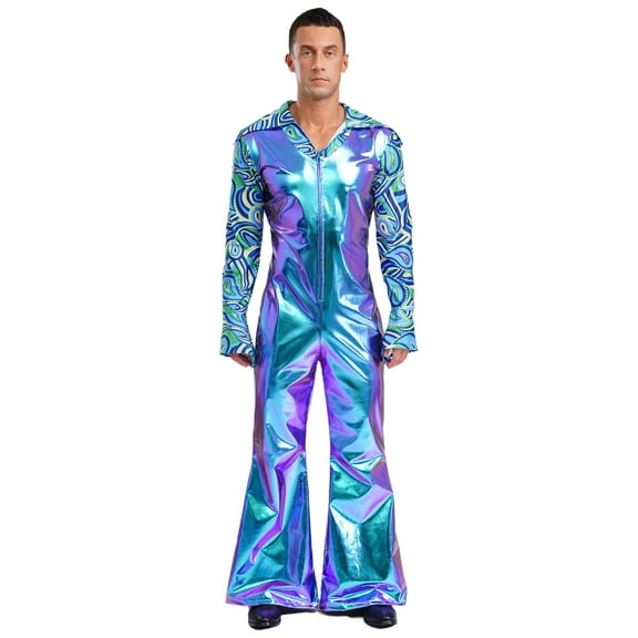 Xnihocha Men's Hippie Rompers 70's Disco Dance Jumpsuit Patchwork Metallic Shiny Bell Bottom Party Raves Blue L