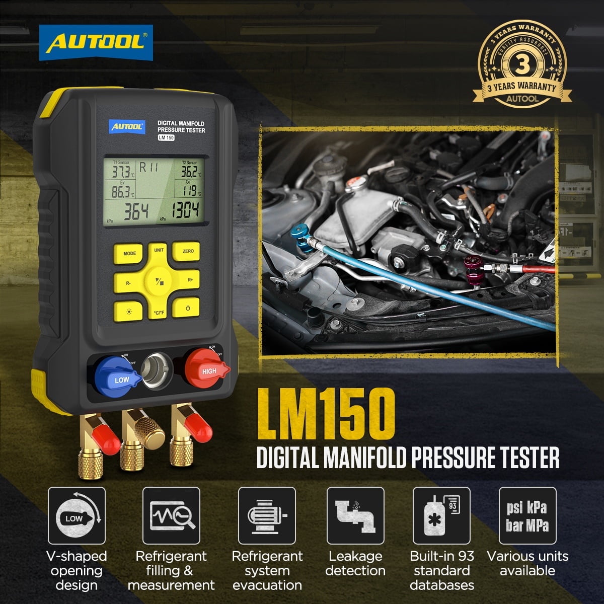 AUTOOL HVAC Refrigeration Digital Manifold Gauge Kit Vacuum Pressure Gauge Set Air-Conditioning Refrigerator Leak Detector W/ 93 Types R134a R410a Refrigerant ect, LM150