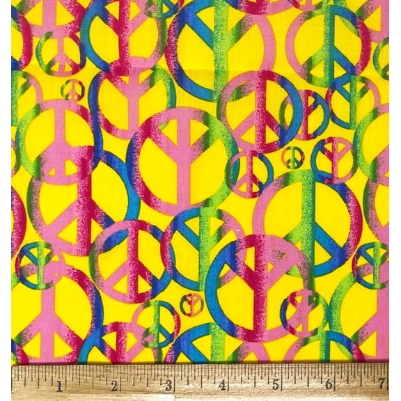1 Fat Quarter - Rainbow Peace Signs on Yellow Cotton Fabric - 21" X 18"