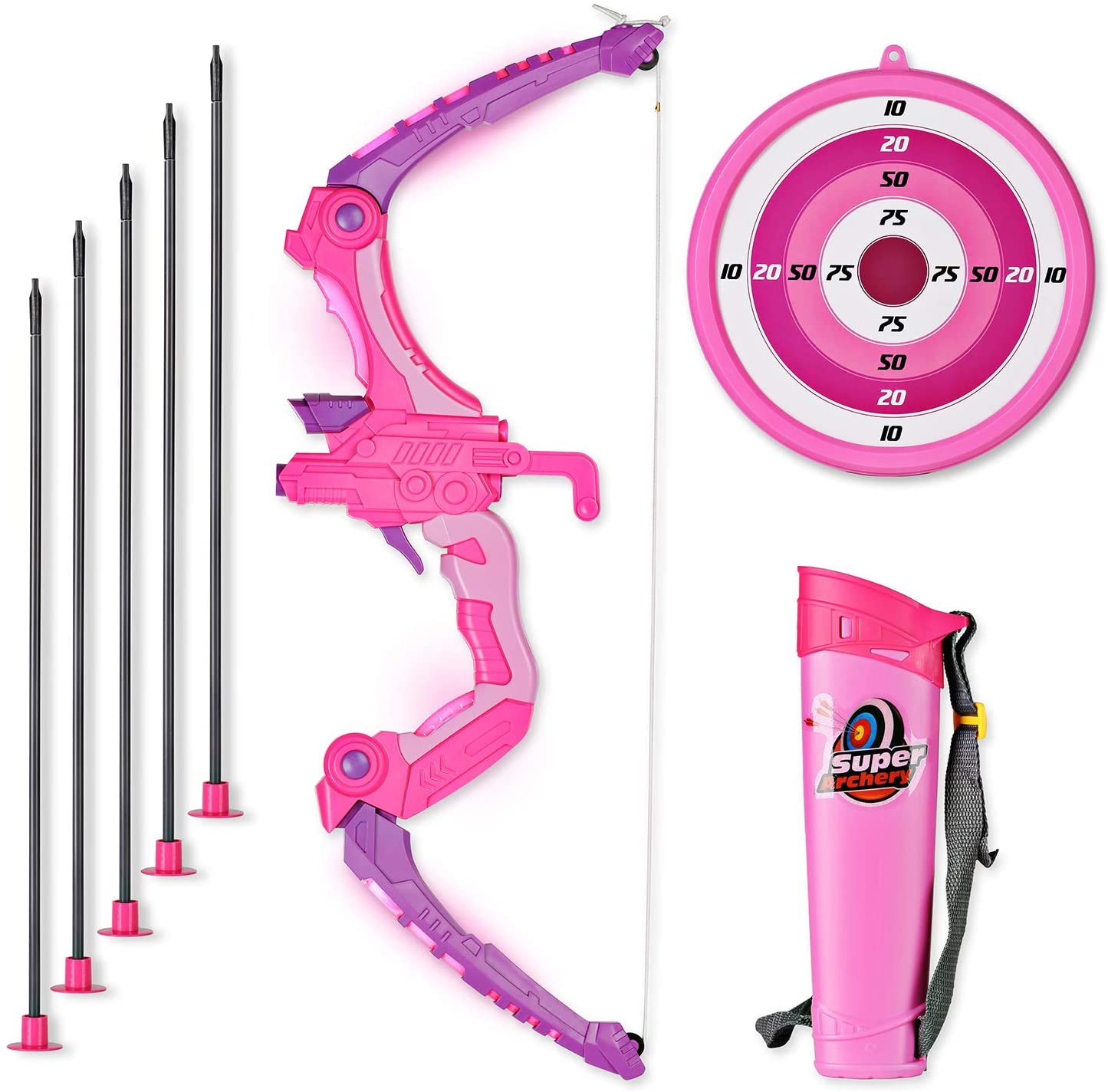 SainSmart Jr. Kids Bow and Arrows, Light Up Archery Set for Kids Outdoor Hunting Game with 5 Durable Suction Cup Arrows, Luminous Bow and Sighting Device, Pink - image 2 of 3