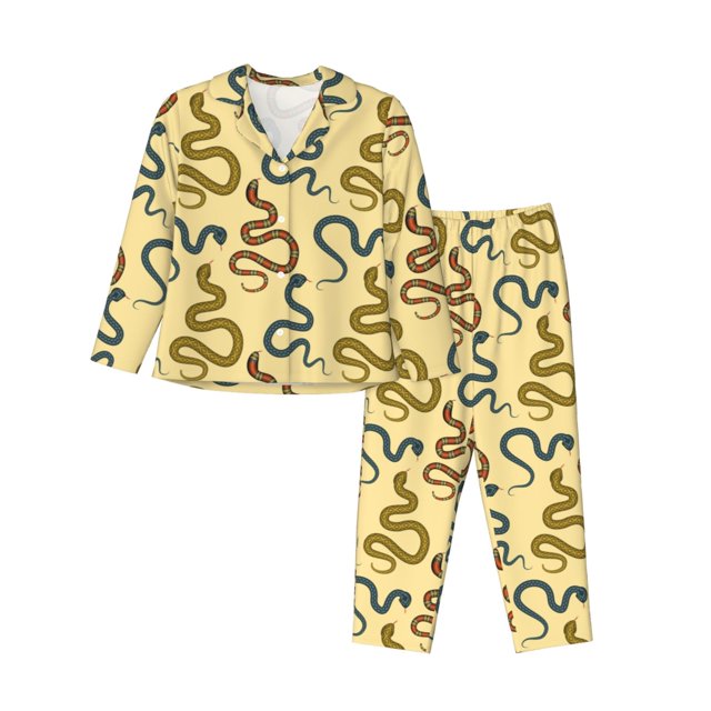 Balery Various Snake Conjunto de Pijama con Estampado para Mujer, Conjunto de Dos Piezas con Manga Larga, Ropa de Dormir Suave con Bolsillos, Pijamas Cómodos-Small