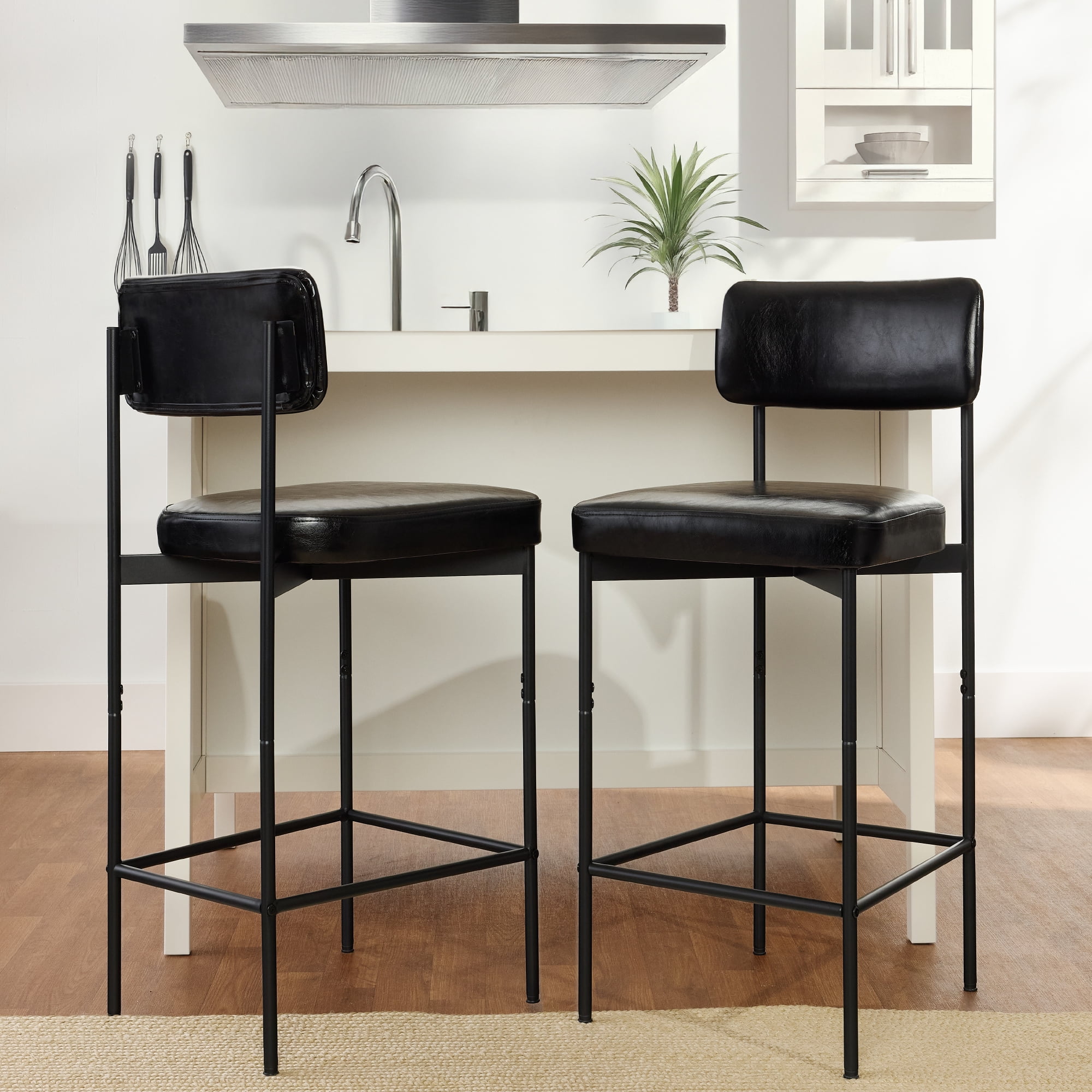 Best Choice Products Set of 2, Armless Counter Height Bar Stools, Modern PU Faux Leather Stools - Midnight Black