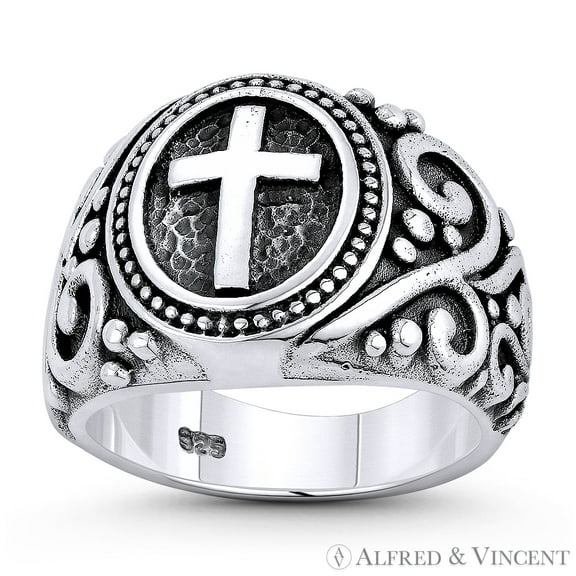Cross & Filigree Christian Catholic Charm 5mm to 16mm Signet-Style Men's Ring in Oxidized .925 Sterling Silver