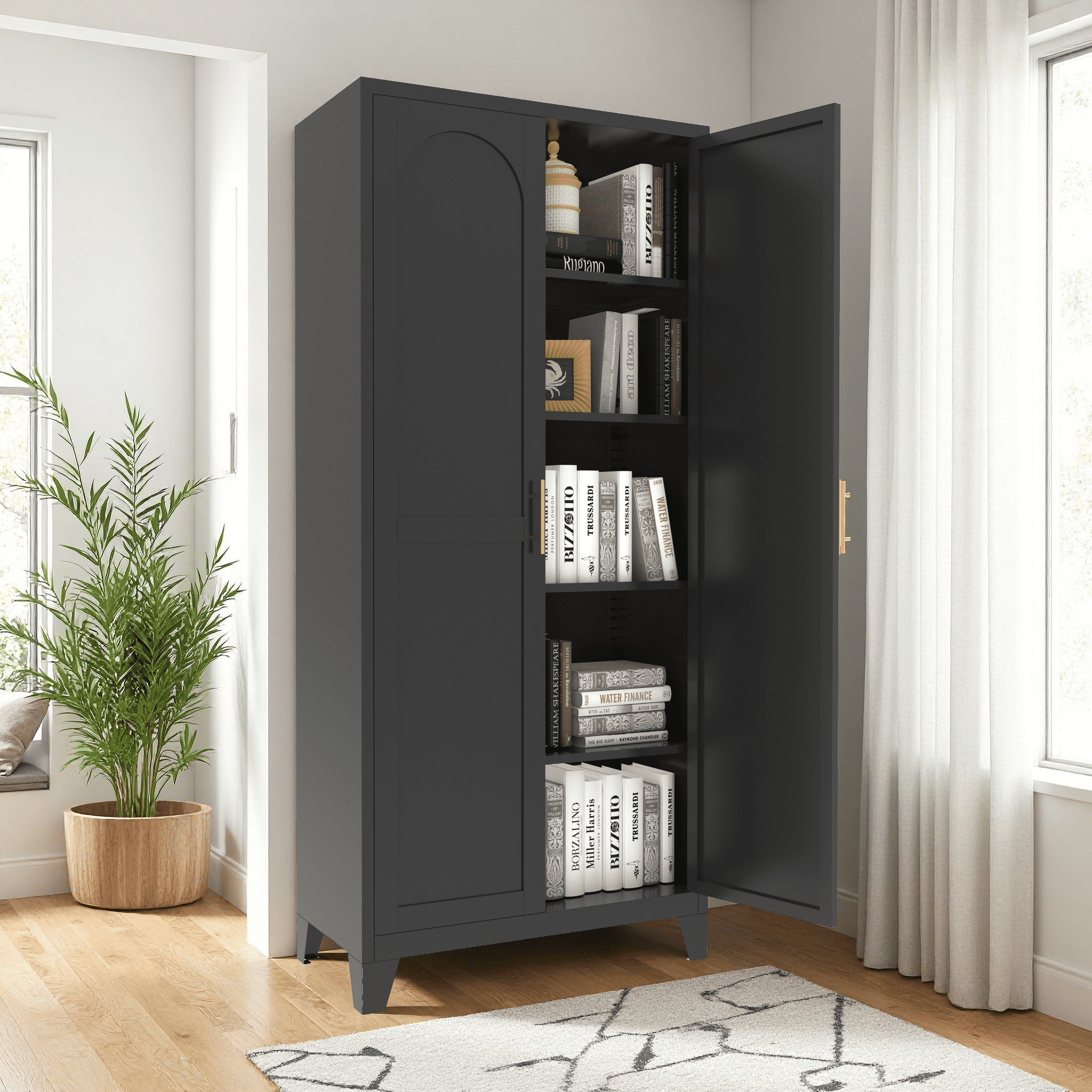 Miniyam 71"H Metal Storage Cabinet with 2 Shaped Doors & Adjustable Shelves – Black, for Bedroom/Living Room/Kitchen
