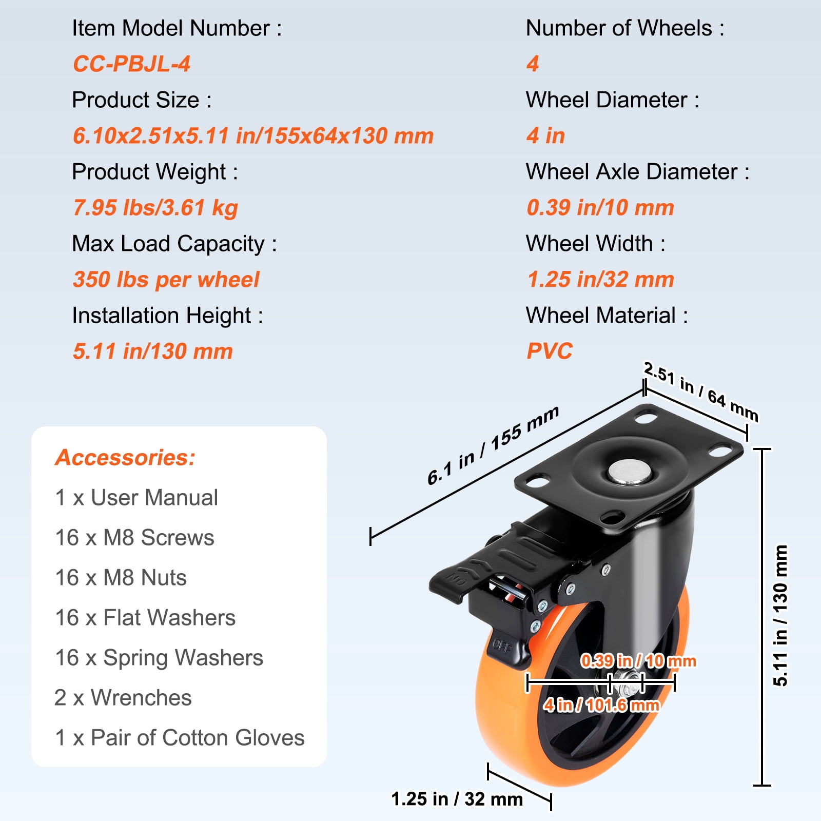 KFFKFF Caster Wheels, 4-inch Rotating Plate Casters, Pack of 4, featuring A/B Security Locks, Quiet PVC Wheels, Durable with a 350 lbs Weight Limit Each, Ideal for Carts, Furniture, and Workbenches