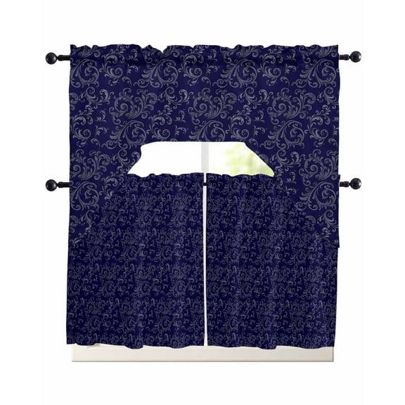 Navy Blue Floral Kitchen Curtains Sets 36 Inch Length with Valance, Vintage Farmhouse Abstract Flowers Swag Valances and Tiers Curtain Set Drapes Swag Curtains for Living Room, Bathroom, Bedroom