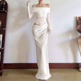 thumbnail image 4 of Women'S Mesh Off Shoulder Dress Elegant Sheer See Through Long Sleeve Ruched Bodycon Maxi Dresses White L, 4 of 9