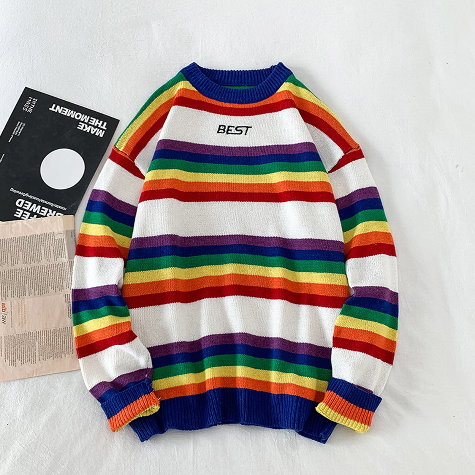 Tangnade Hoodies for Men Stylish Mens Casual Rainbow Stripe Splice Sweater Long Sleeve Round Neck Sweater Blouse, Men's, Size: Medium