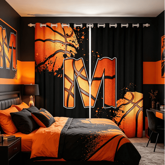 Homewish Cartoon Basketball Boys Black Out Curtains, Black Orange Monogrammed M Curtains Pack of 2 (42x63 Each), Modern Ball Sports Player Bedroom Curtains, Blackout Curtains Home Decor
