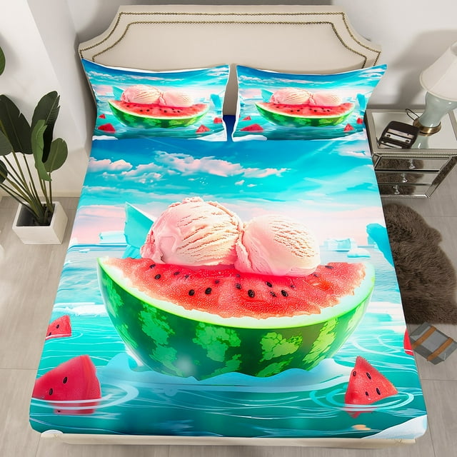 Ensemble de Lit Melon D\'eau Mignon Draps de Lit Grand Melon D\'eau Rouges et Verts, Drap-Housse à Imprimé Vue sur Lac Vert Draps Crème Glacée Sucrée pour Chambre de Garçons Kdis (Sans Drap du Dessus)