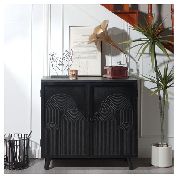 Modern Black Wood Storage Cabinet, 31in Accent Cabinet with Embossed Door for Living Room, Bedroom, or Entryway
