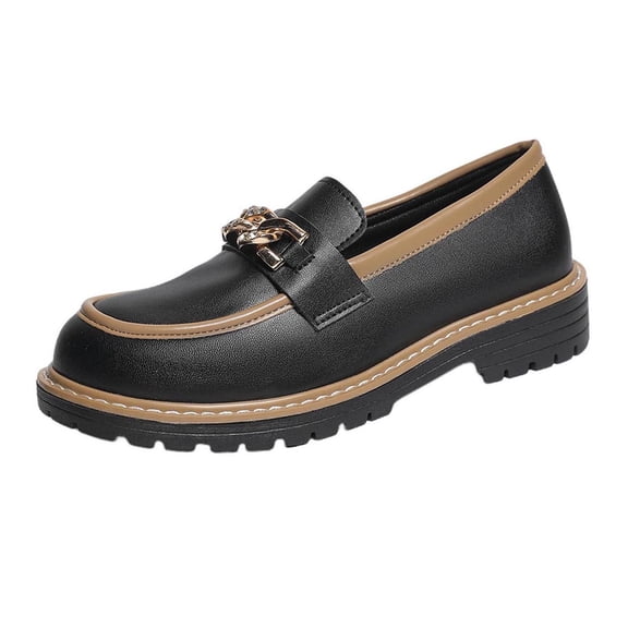 Womens Chunky Lug Sole Loafers 1.38in Platform Slip On Shoes - Black Synthetic Faux Leather Preppy Retro with Chain,Size 8.5