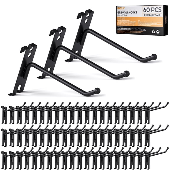 INCLY 4 Inch Gridwall Hooks, 60 Pack Heavy Duty Black Display Hooks for Grid Wall Panels, Gridwall Accessory for Storage Display Clothes in Retail Shop Garage