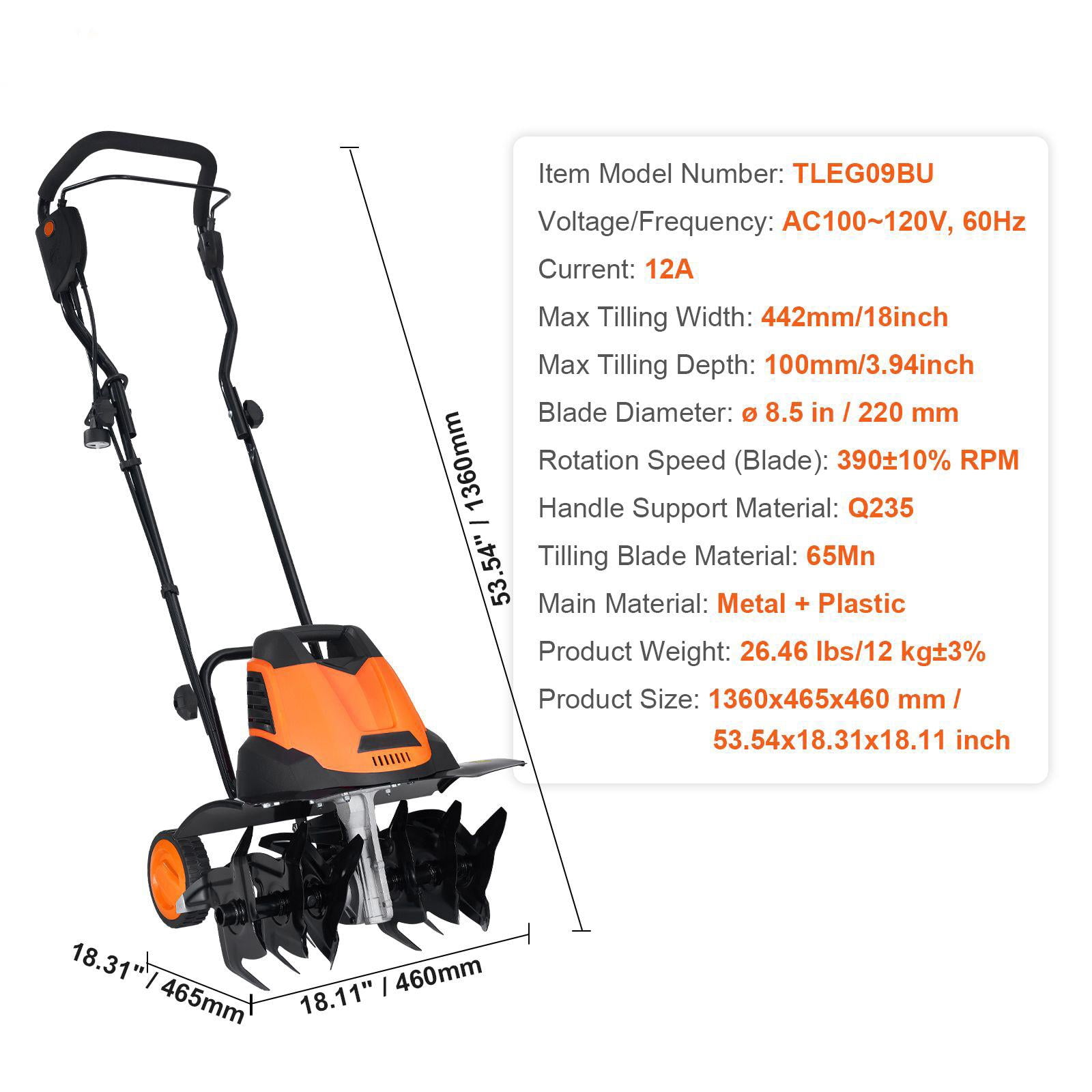 12 Amp Electric Tiller 18 Inch Width 3.94 Inch Depth Corded Steel Manganese Blades for Garden Lawn Soil