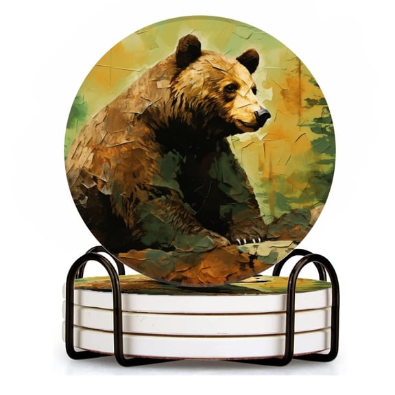 BaHomeck Drink Coasters Set of 4 with Holder brown bear in the forest Water Absorbent Ceramic Coasters Tabletop Protection,Suitable for Various Cup ,Home Decor