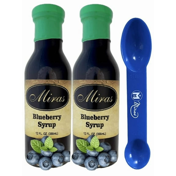 (Pack of 2) Miras Blueberry Syrup Sweet & Delicious Blueberry Syrup – Perfect for Pancakes, Waffles, & More, 12oz Bottles (2in1) Miras Trademark Measuring Spoon Included)