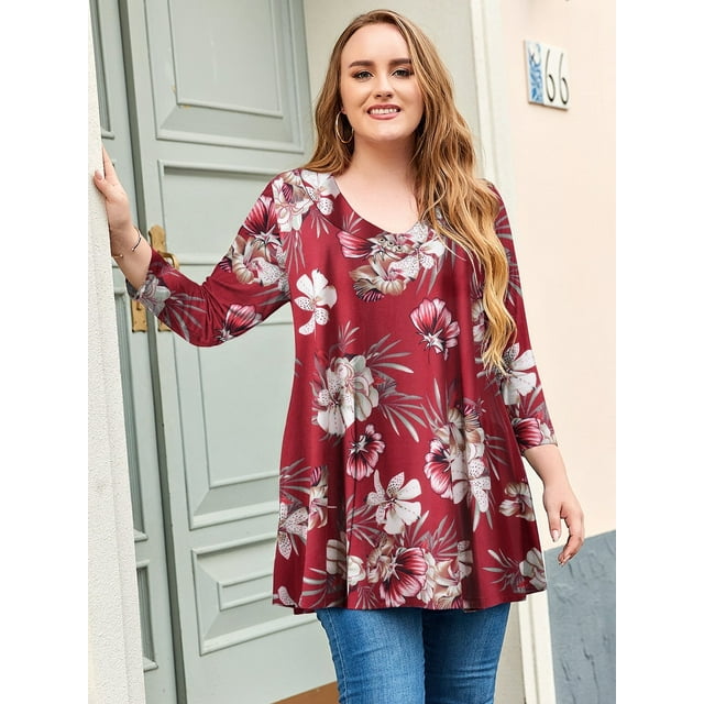 LARACE Tuniques à Fleurs pour Femmes à Manches 3/4 Chemises d'Été Décontractées Chic Blouses Hauts WineRed18 2X
