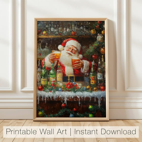 PosterArt Santa Bar Poster, Retro Holiday Wall Art, Festive Santa Cocktail Print, 8x12 UNFRAMED