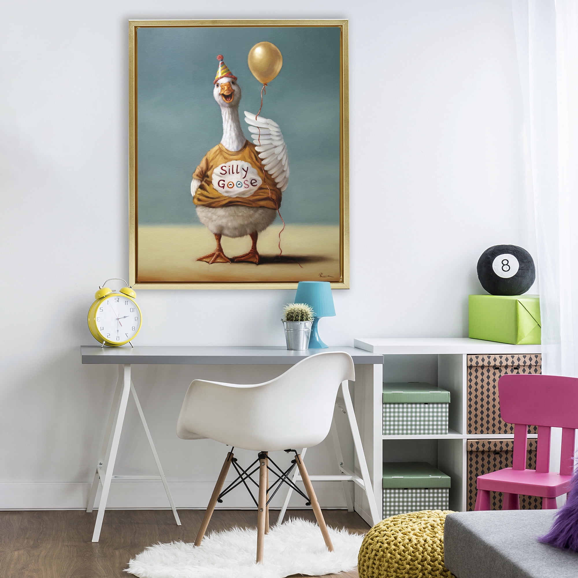 Stupell Industries Silly Goose with Balloon Gold Framed Floater Canvas Wall Art, design by Lucia Heffernan