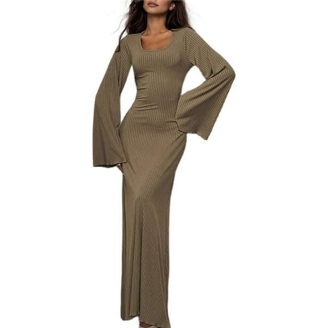 Vestido de Punto Acanalado para Mujer, Acampanada, Ajustado, Holgado e Informal. Caqui XXL
