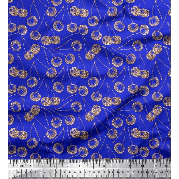 Soimoi Blue Silk Fabric Cherries Fruits Printed Fabric 1 Yard 42 Inch Wide