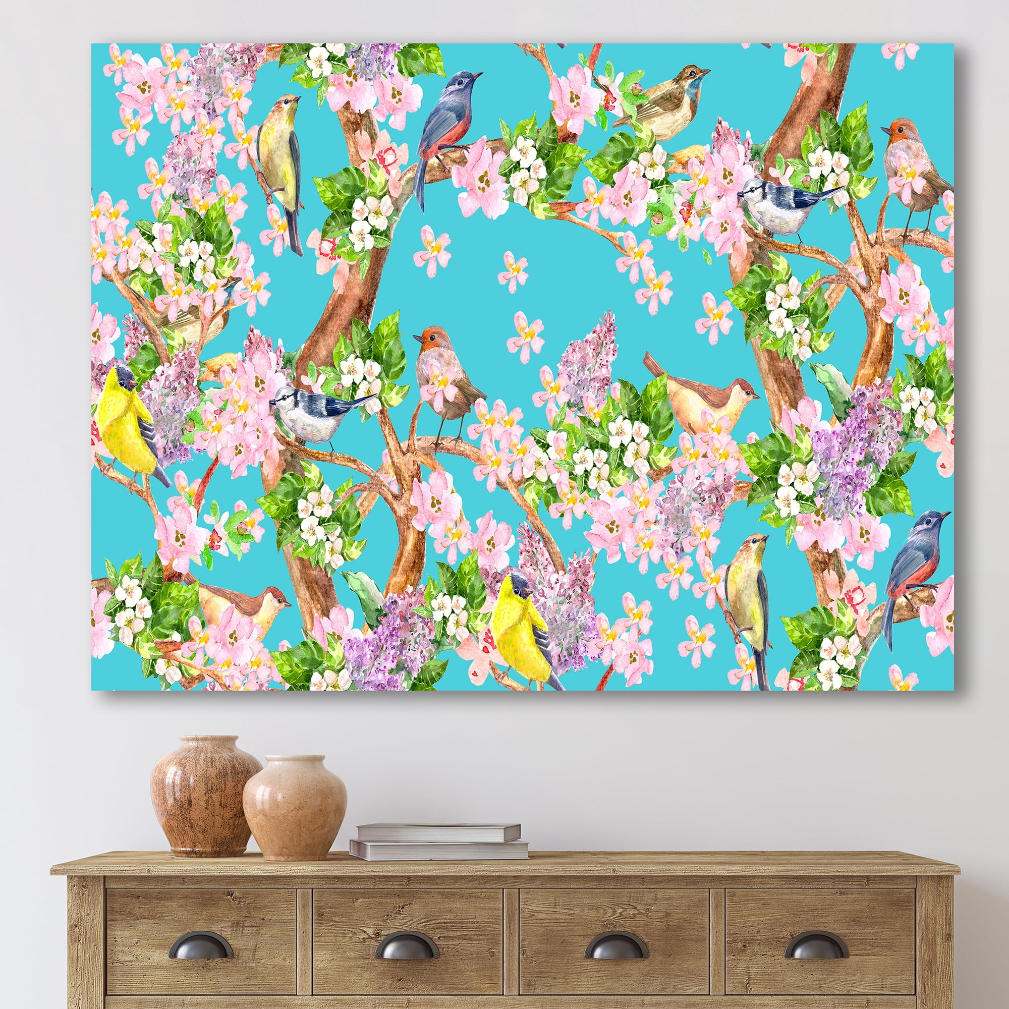Little Birds Sitting On Spring Flow Tree 12 in x 8 in Painting Canvas Art Print, by Designart