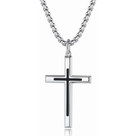 FANCIME 925 Sterling Silver Two-Tone Cross Pendant Necklace with Black Accent for Men, White Gold Plated with 24" Stainless Steel Box Chain