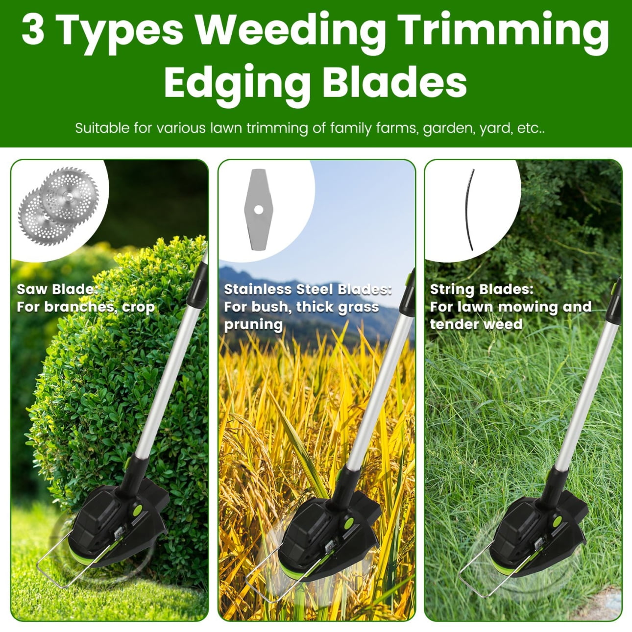 21V  Electric Cordless Weed Edger with Adjustable Angles and Height, Eater Bush Cutter with Removable Wheels and 3 Types of Blades, Lightweight String Trimmer for Garden, Yard, Lawn, Black